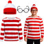 3 Pieces Red and White Striped Shirt and Hat for Men,Adult Halloween Costumes Cosplay Suits with Glasses Outfit Suit Set (M)