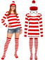 Halloween Costume Set, XXL Halloween Women Cosplay Red White Striped Shirt Beanie Cap Glasses Socks for Halloween Party