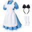 Irtysh Girl Blue Dress White Apron Halloween Cosplay Costume With Bow Hair Band Stockings Set(140)