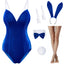 Women Velvet Bunny Costume Bunny Girl Suit Costume Senpai Cosplay One Piece Bodysuit Stockings Set(Blue S)
