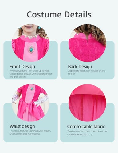 Sabbenia Pink Princess Costume for Girls Cosplay Pink for Halloween Birthday Party Dress Up 9-10Y
