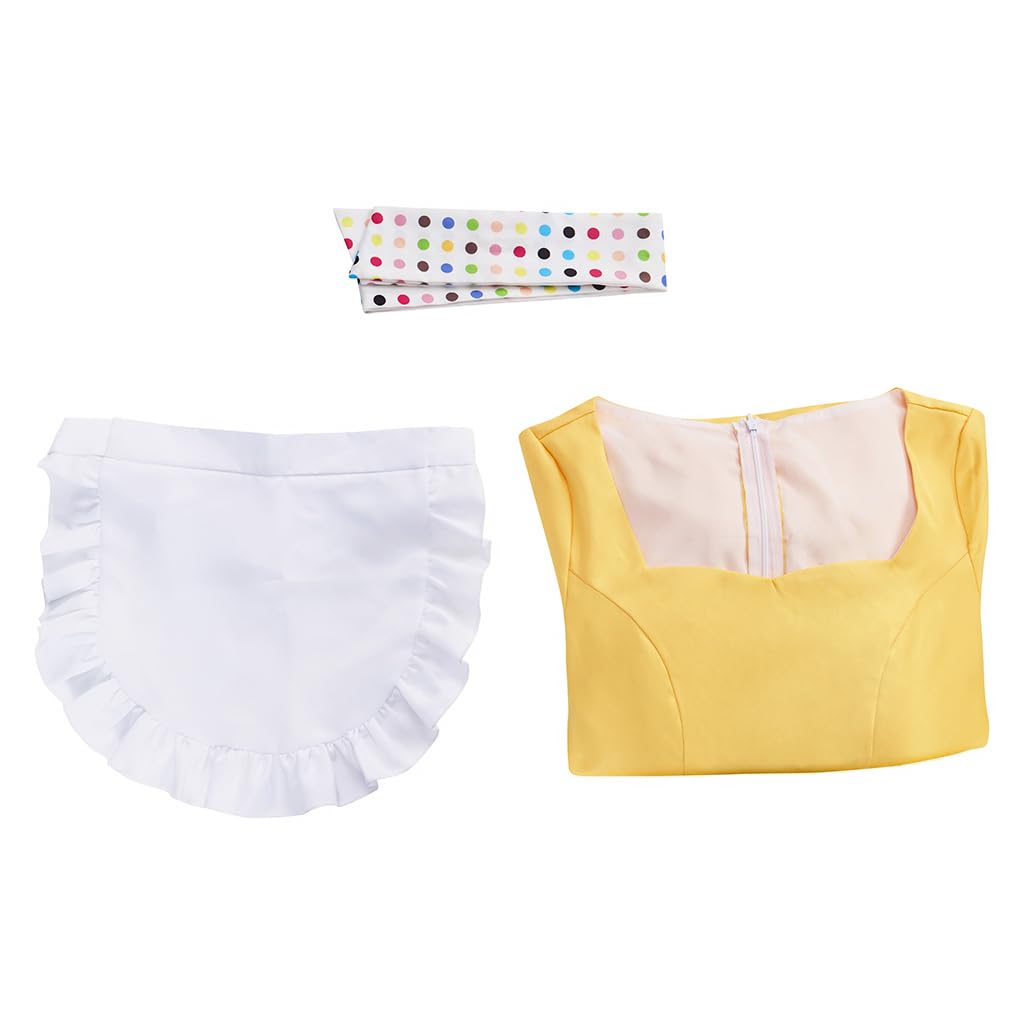 Musical Waitress Cosplay Costume Women Yellow Maid Dress Uniform with Apron Scarf Outfit (Yellow, Medium)