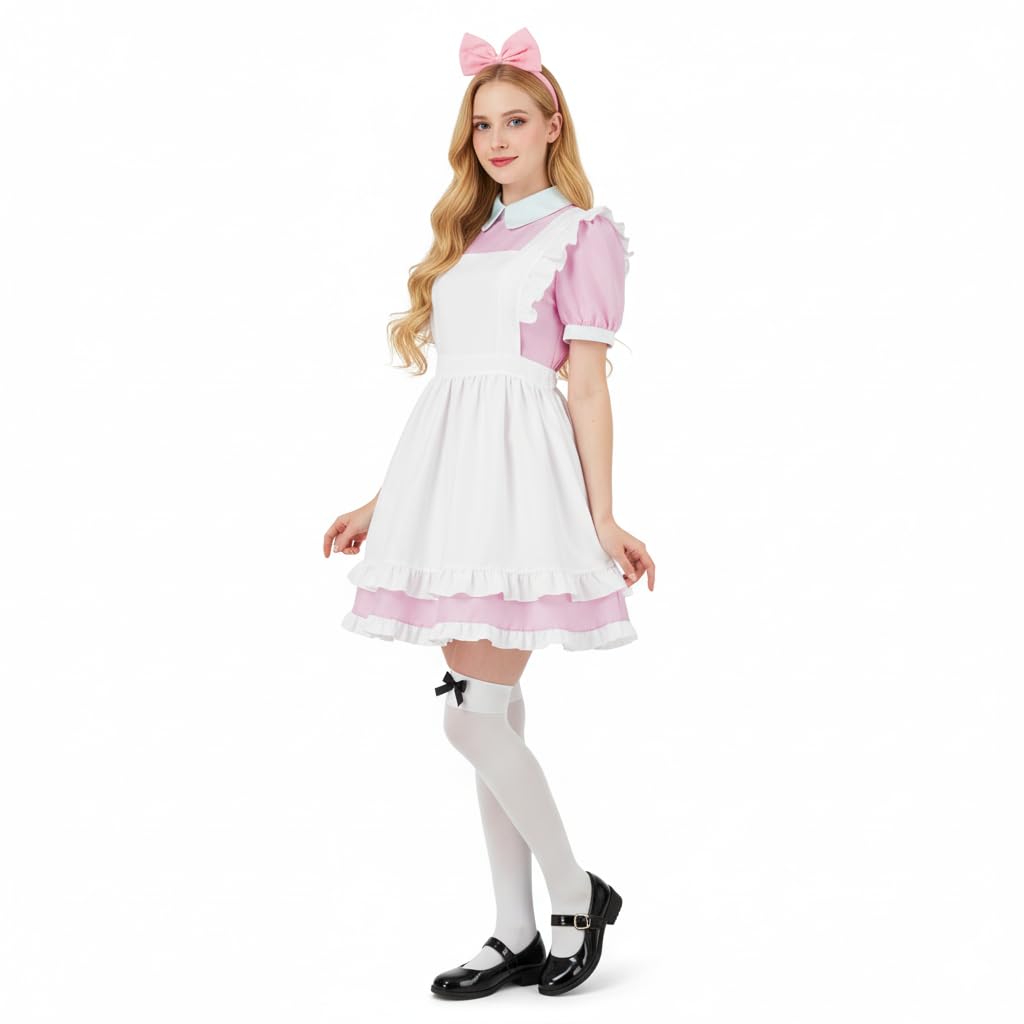 Tvnxdgl Alice Costume Women Wonderland Maid Outfit Anime Lolita Dress Halloween Cosplay Maid Apron Gloves Headband Socks Set L