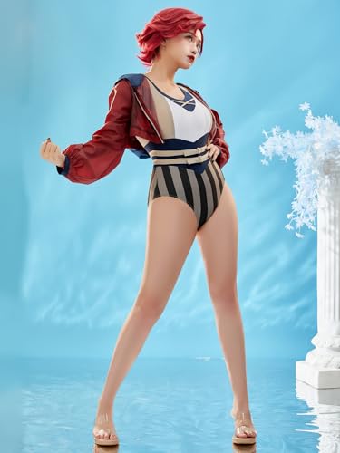 haikyuu Women Vi Cosplay One Piece Swimsuit Striped Anime Bathing Suit Bodysuit with Wrap Skirt (US, Alpha, X-Large, Regular, Regular, Standard, Multicolored)