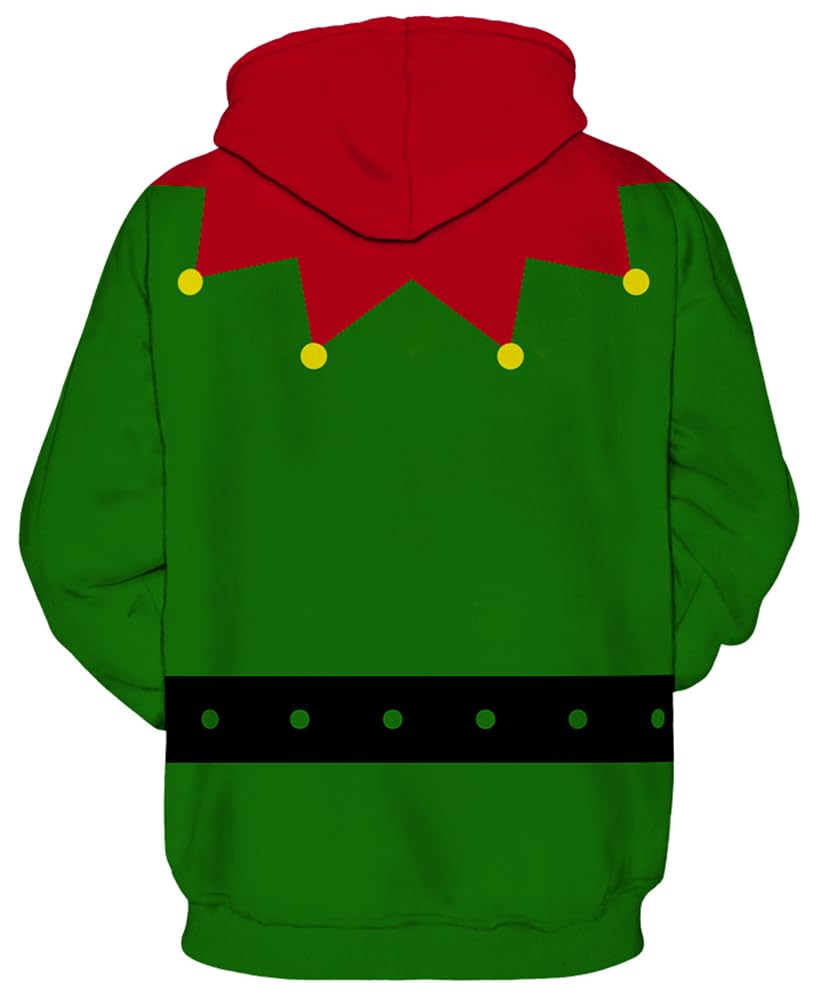 Ainuno Christmas Hoodie for Men Women,Mens Green Elf Costumes Funny Christmas Pullover Sweatshirt Elfs Print Hoodies Cosplay Hooded Sweater Unisex Long Sleeve Shirt,XL