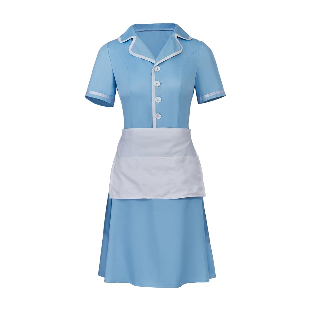 Musical Waitress Cosplay Costume Women Blue Maid Dress Uniform with Apron Outfit (Blue, XXXL)