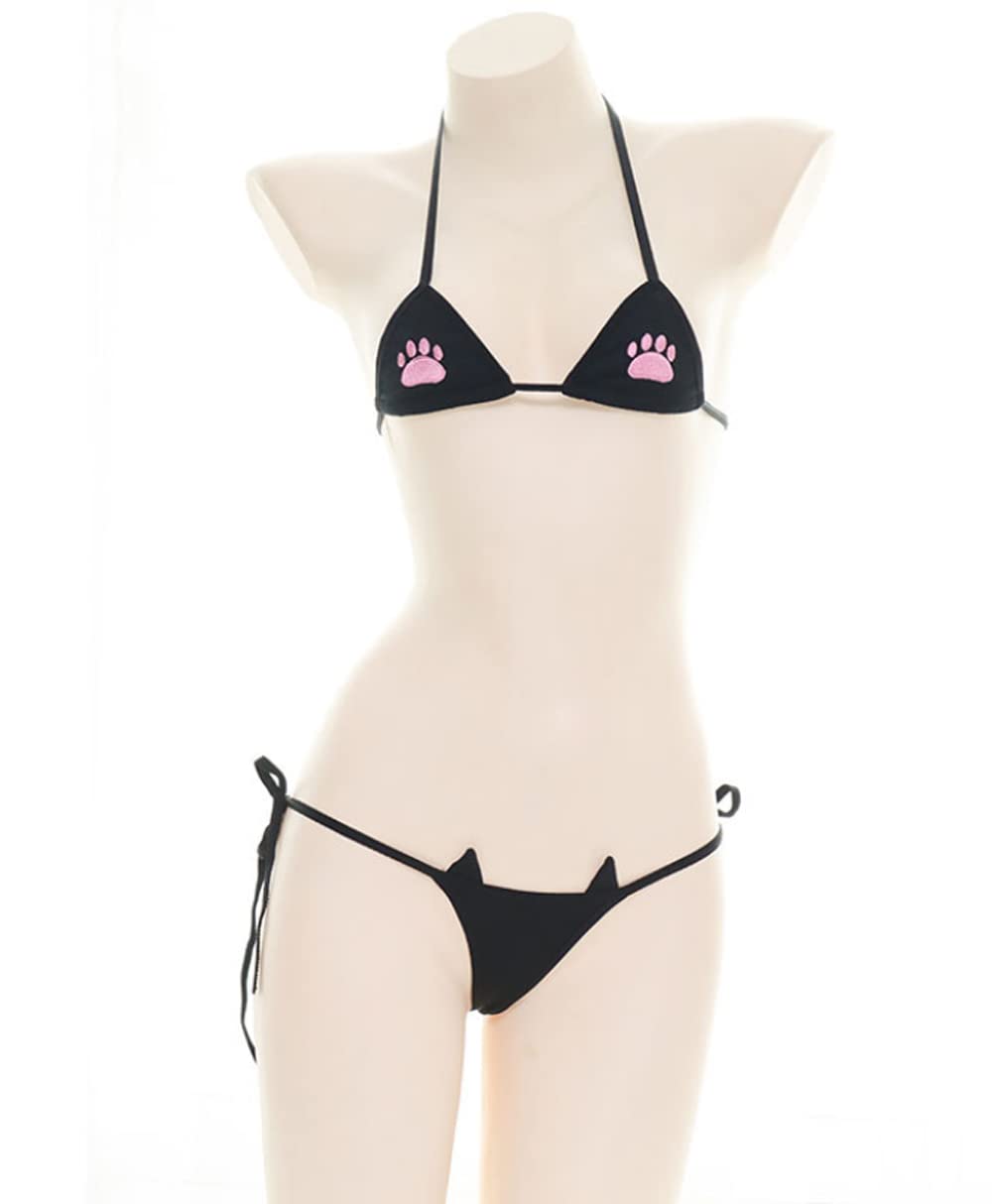 SINGUYUN Womens Sexy Micro bikini Suit Anime Bikini Cosplay Lingerie Kawaii Bra and Panty Set Cute (220Black)