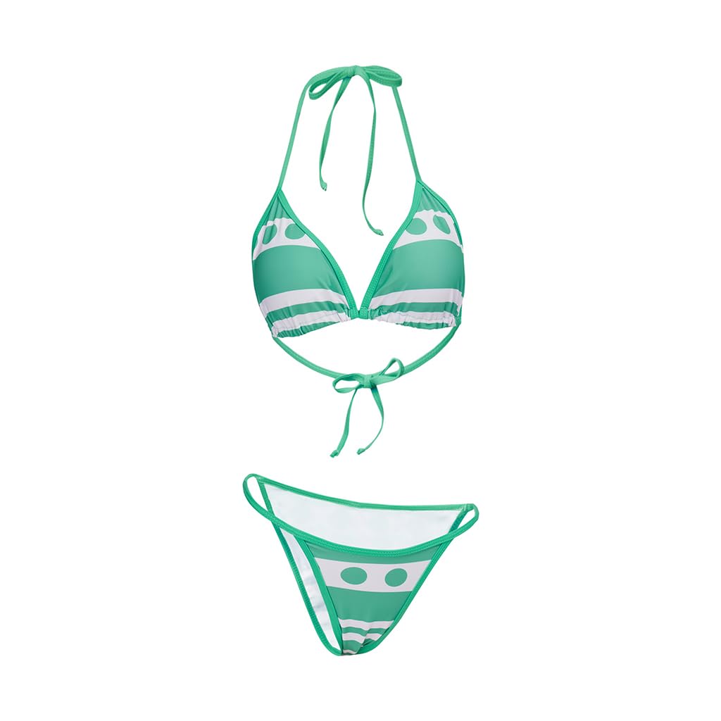 iSHOWcos Anime Cosplay Costume Sexy Green Swimsuit Bikini Two-Piece Set Swimwear Women Bathing Suit-S