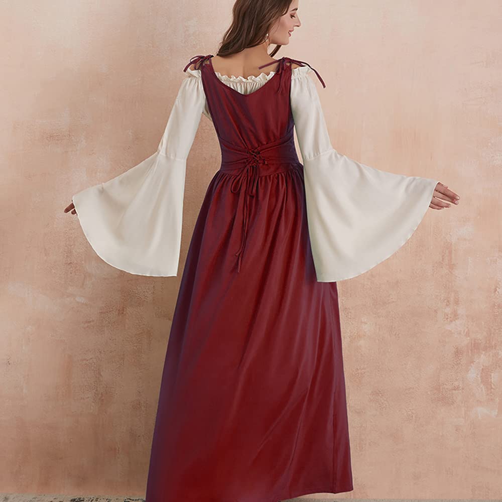 Abaowedding Womens's Medieval Renaissance Costume Cosplay Chemise and Over Dress Small/Medium Wine Red and Ivory