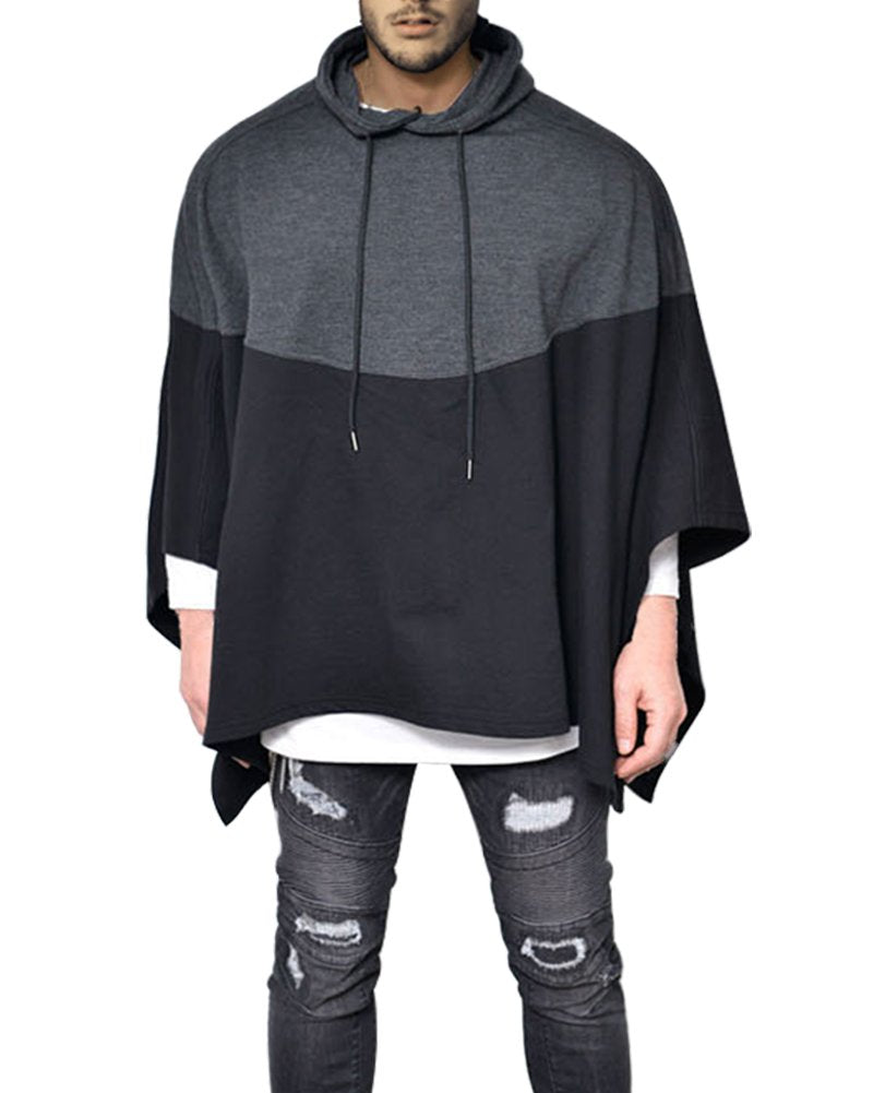Demetory Men's Color Block Oversized Batwing Sleeves Hooded Poncho Cape Cloak Black Medium