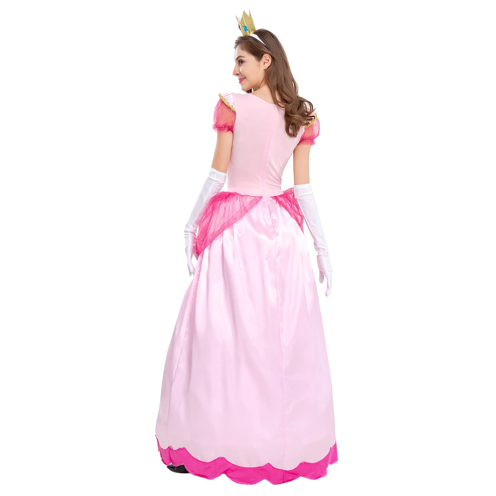 Womne's Princess Peach Costume with Crown and Gloves Halloween Birthday Party Dress up Fancy Costume Cosplay Outfit