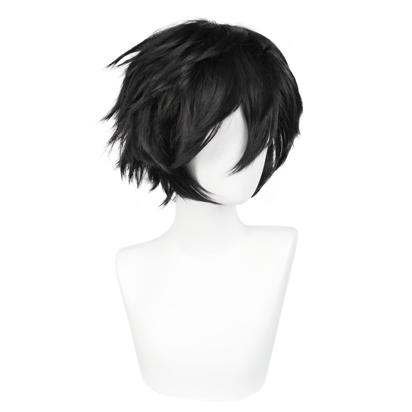 ANOGOL Hair Cap+ Short Black Wig for Men Short Black Men's Wigs for Cosplay Black Anime Cosplay Wig Layered Black Party Wigs with Bangs for Halloween Costume Christmas Peluca Negra Synthetic Hair