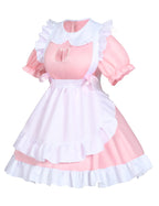 Anime French Cat Maid Apron Fancy Dress Cosplay Costume Headwear Gloves Socks Set(Pink L)