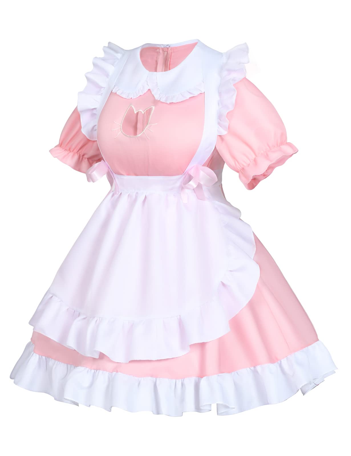 Anime French Cat Maid Apron Fancy Dress Cosplay Costume Headwear Gloves Socks Set(Pink L)