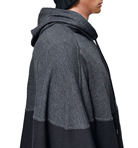 Demetory Men's Color Block Oversized Batwing Sleeves Hooded Poncho Cape Cloak Black Medium