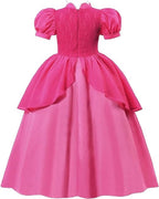 Twhxiyicos Princess Peach Cosplay Costume Girls Princess Peach Dress Kids Outfit Crown Earrings Gloves for Halloween