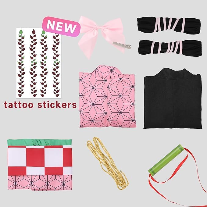 UQJE Kids Kamado Tanjir Cosplay Costumes Anime Tanjir Cosplay Outfit Halloween Kimono Set-M