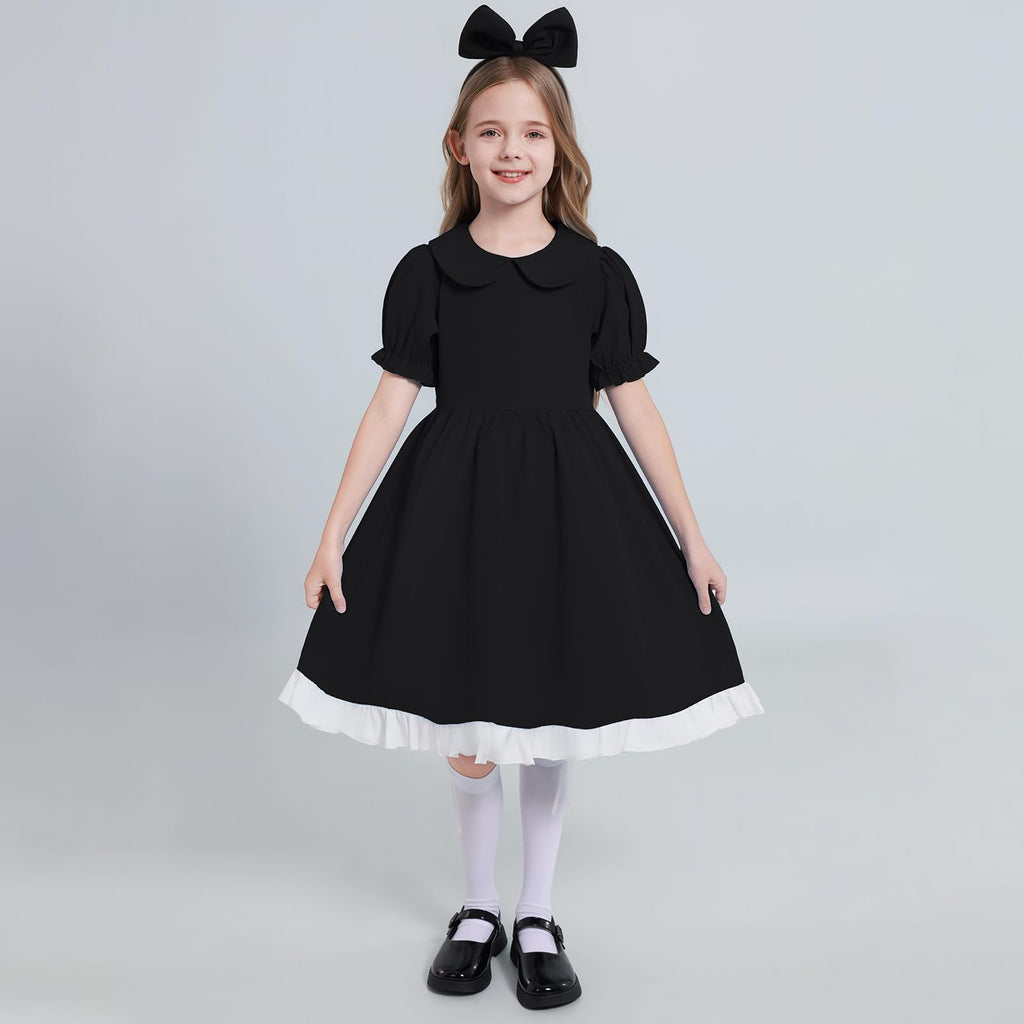 Weixinbuy Black Halloween Costume for Girls Kids Maid Costume Apron Fancy Dress Halloween Dress-Up Cosplay Costume Outfits with Headband and Stocking for Girl 13-14 Years