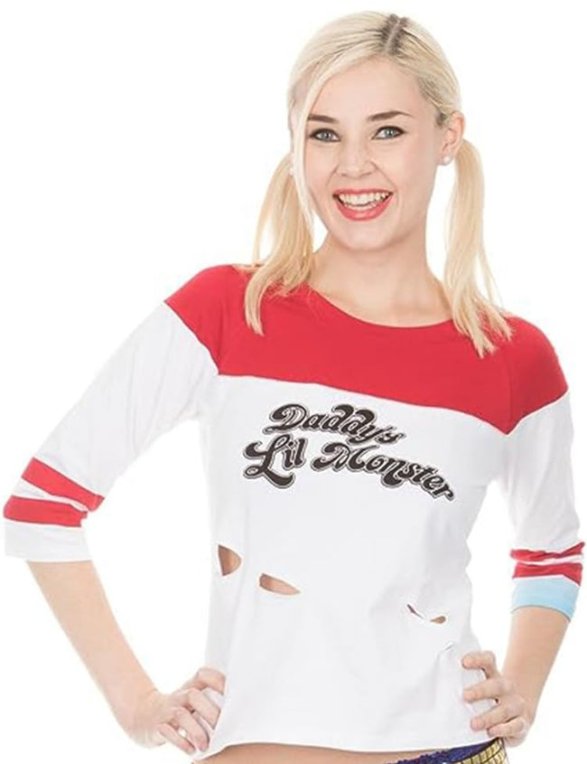 COCO BRANDS Suicide Squad Harley Quinn Daddy Little Monster Halloween Costume Cosplay for Women White Raglan T-Shirt Hover Image