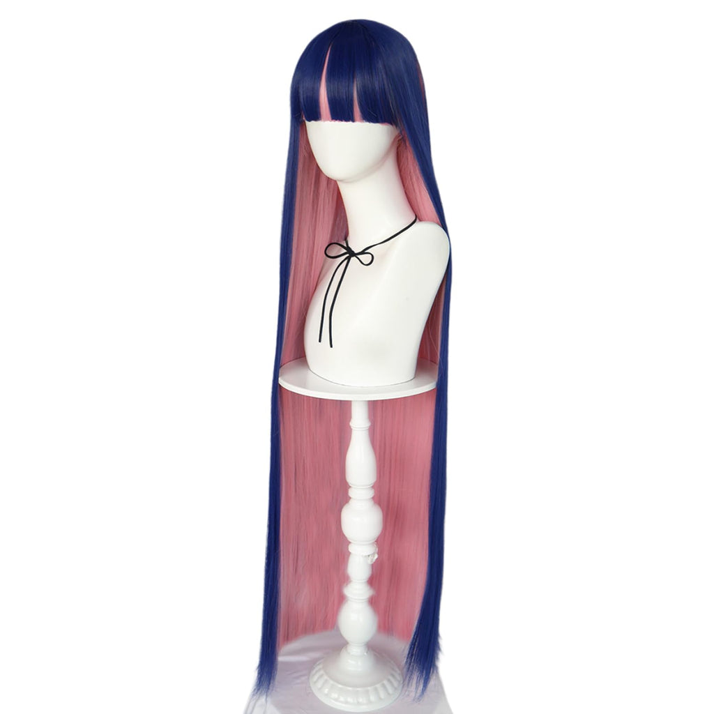ANOGOL Hair Cap+ Blue Mix Pink Wig 105cm Long Straight Stocking Wigs for Girl with Bangs Costume for Women Synthetic Hair Wigs for Stocking Cosplay Halloween Wig Anime Party