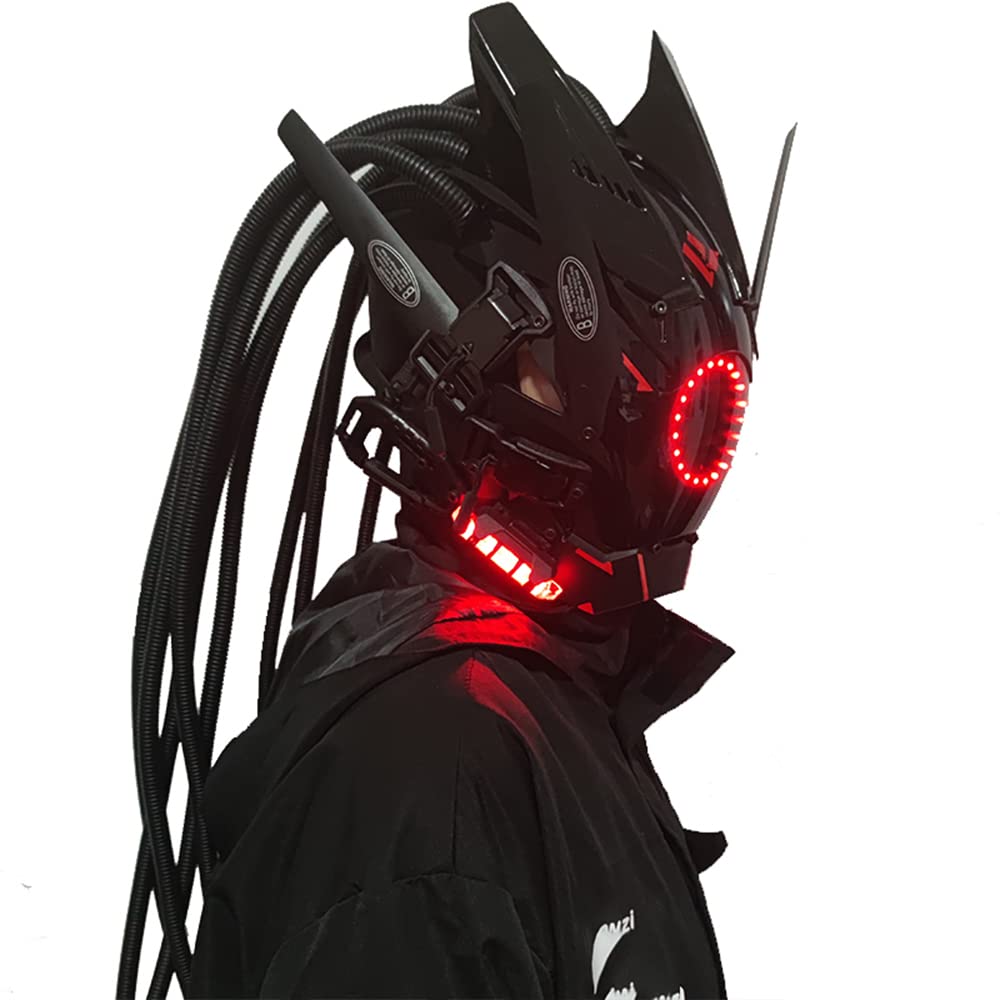 KYEDAY Punk Mask Cosplay for Men, Round Light with Braids Mask Cosplay Halloween Fit Party Music Festival Accessories, Red, Large