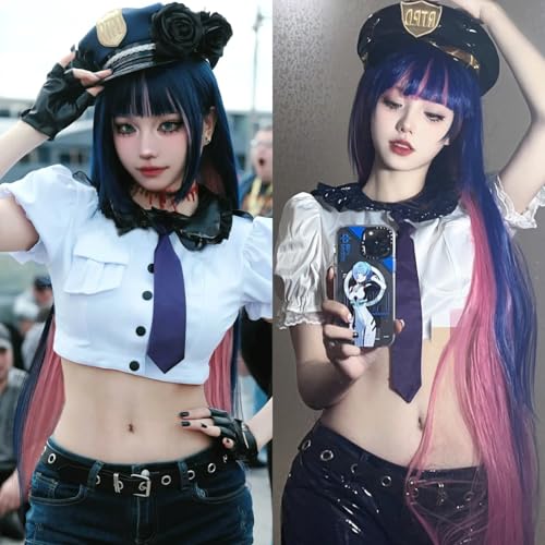 ANOGOL Hair Cap+ Blue Mix Pink Wig 105cm Long Straight Stocking Wigs for Girl with Bangs Costume for Women Synthetic Hair Wigs for Stocking Cosplay Halloween Wig Anime Party
