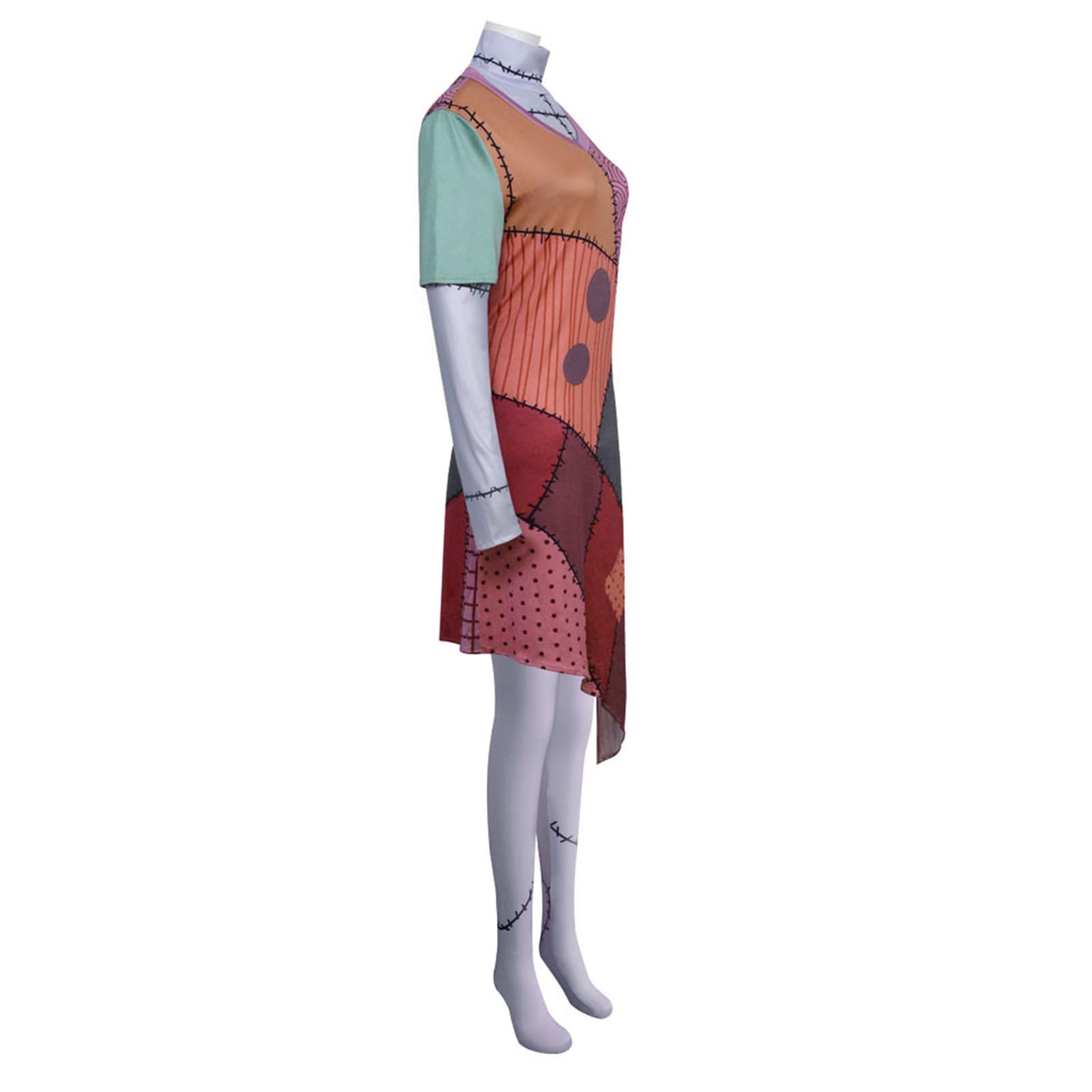 Qcekreu Womens 3 Piece Halloween Sally Cosplay Costume Funny Scar Printed Long Sleeve Dress Adult Christmas Outfit Sets(M,Grey-A)