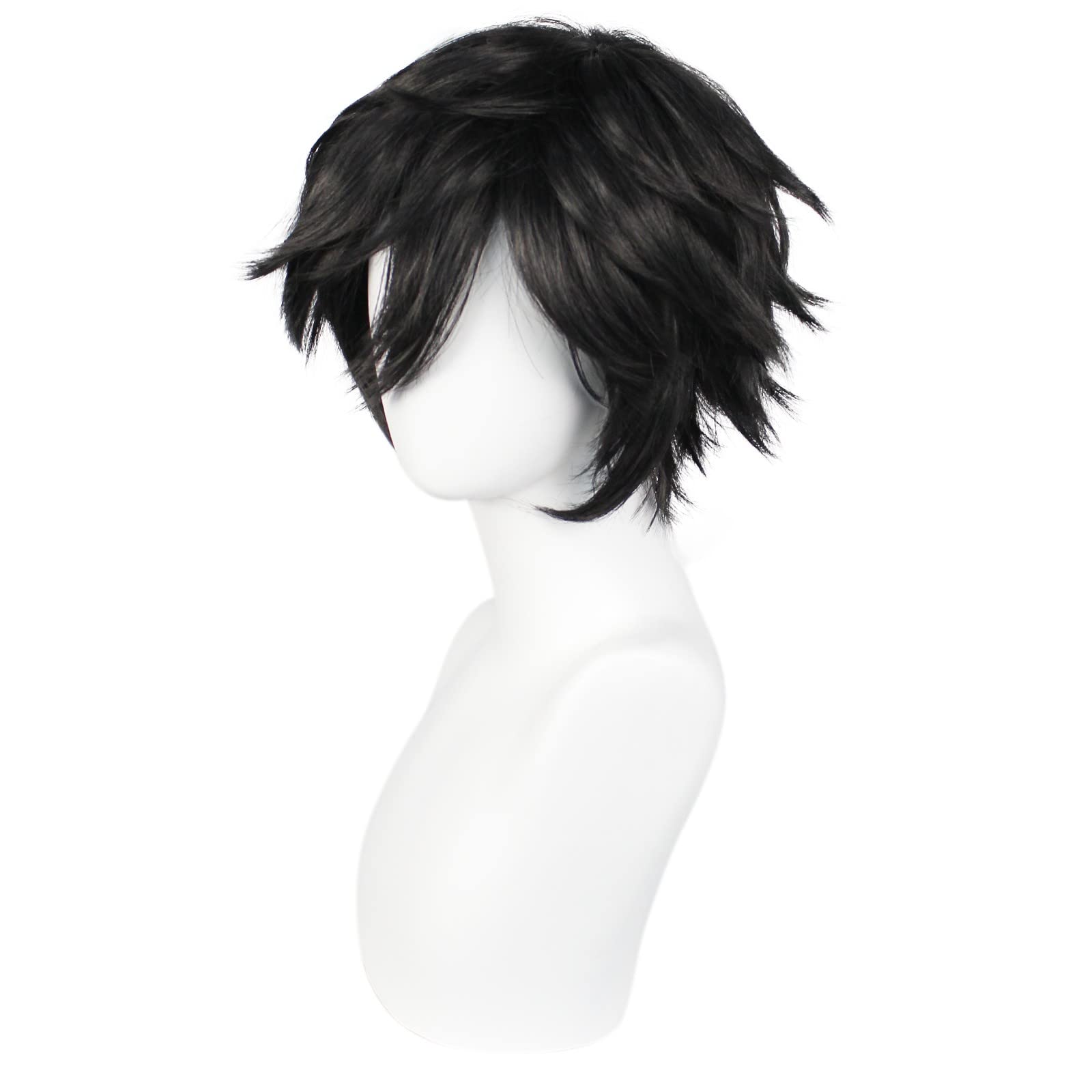 ANOGOL Hair Cap+ Short Black Wig for Men Short Black Men's Wigs for Cosplay Black Anime Cosplay Wig Layered Black Party Wigs with Bangs for Halloween Costume Christmas Peluca Negra Synthetic Hair