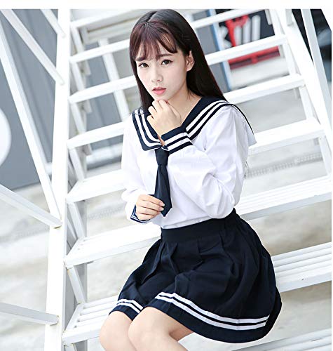 Japanese School Girls Uniform Sailor Navy Blue Pleated Skirt Anime Cosplay Costumes with Socks Set(SSF13) 2XL(Tag 3XL)