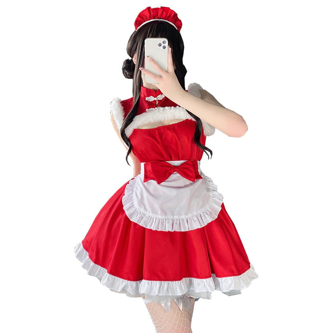 SNOMYRS Women's Maid Outfit Christmas Maid Costume with Plush Trim Apron Headpiece - Cute Cosplay Outfits Dress for Christmas Party Hover Image
