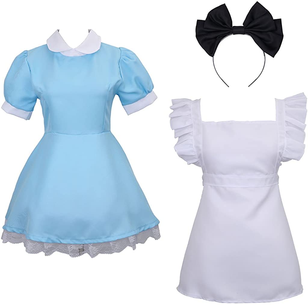 Colorful House Adult Anime Cosplay Outfit Women Blue Maid Costume Apron 4 Pcs Halloween Lolita Maid Dress Set(Medium, Blue)
