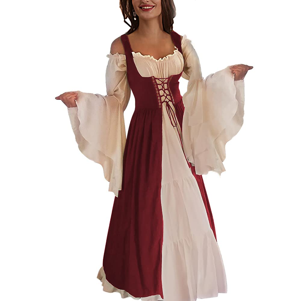 Abaowedding Womens's Medieval Renaissance Costume Cosplay Chemise and Over Dress Small/Medium Wine Red and Ivory