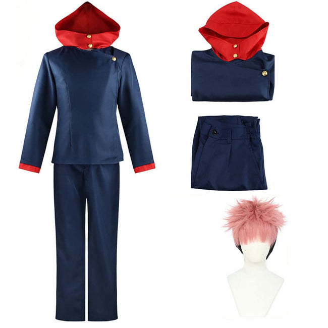 Han shan Itadori Uniform Ryomen Sukuna Cosplay Costume Full Set Suits School Uniform Sportswear with Keychain (ItadoriB-Blue(with wig), XL) Hover Image