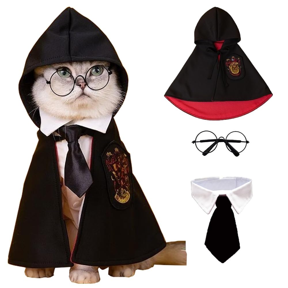 ANIAC 3PCS Halloween Dog Costume Cat Wizard Cape Glasses and Necktie Set Halloween Puppy Outfit Pet Academy Magician Cosplay Apparel for Kitten Cat Small Dogs (Black+Red, Small)