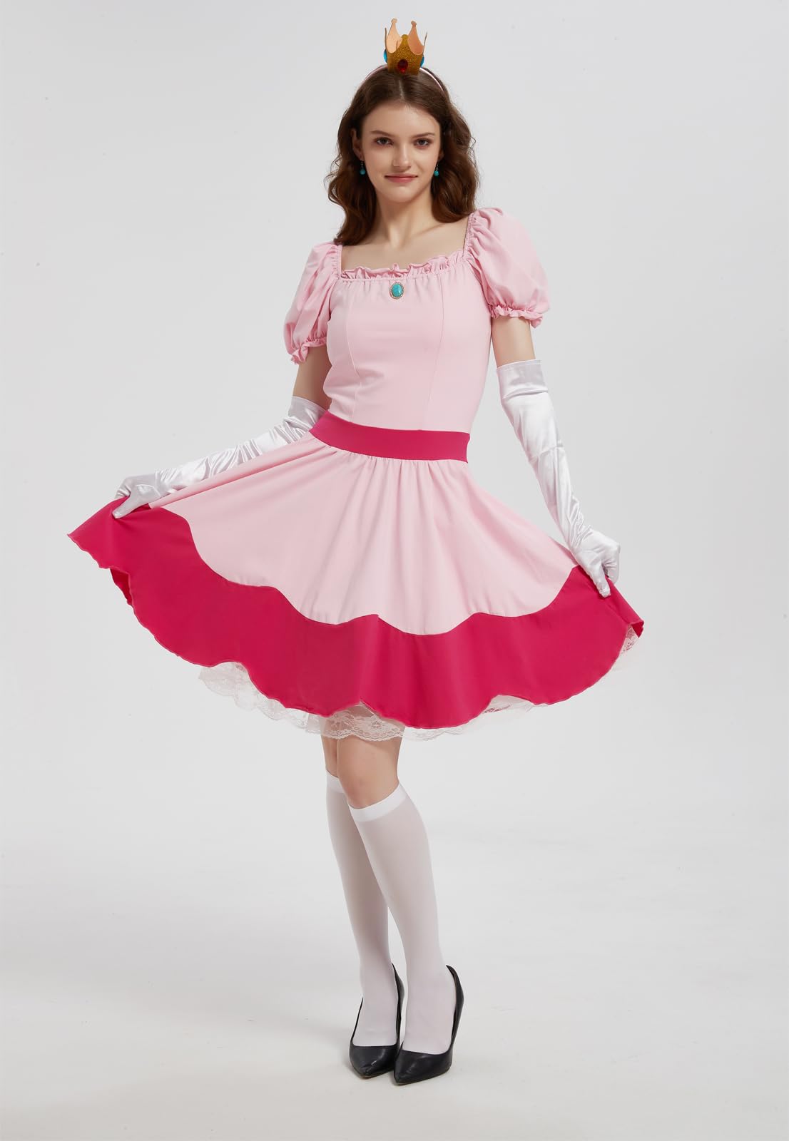 KaKaxi Halloween Costume Pink Evening Dresses with Waist Belts Gloves Hats Golden Crown Leggings Earrings Accessories for Women,S