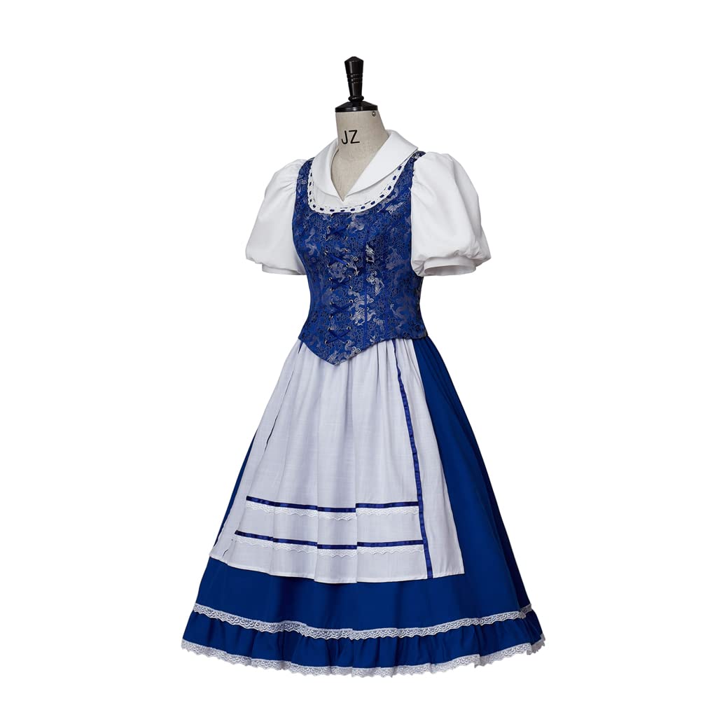 VEECOOCOS Princess Belle Cosplay Costume Belle Village Dress Women's Blue Maid Dress-XXL