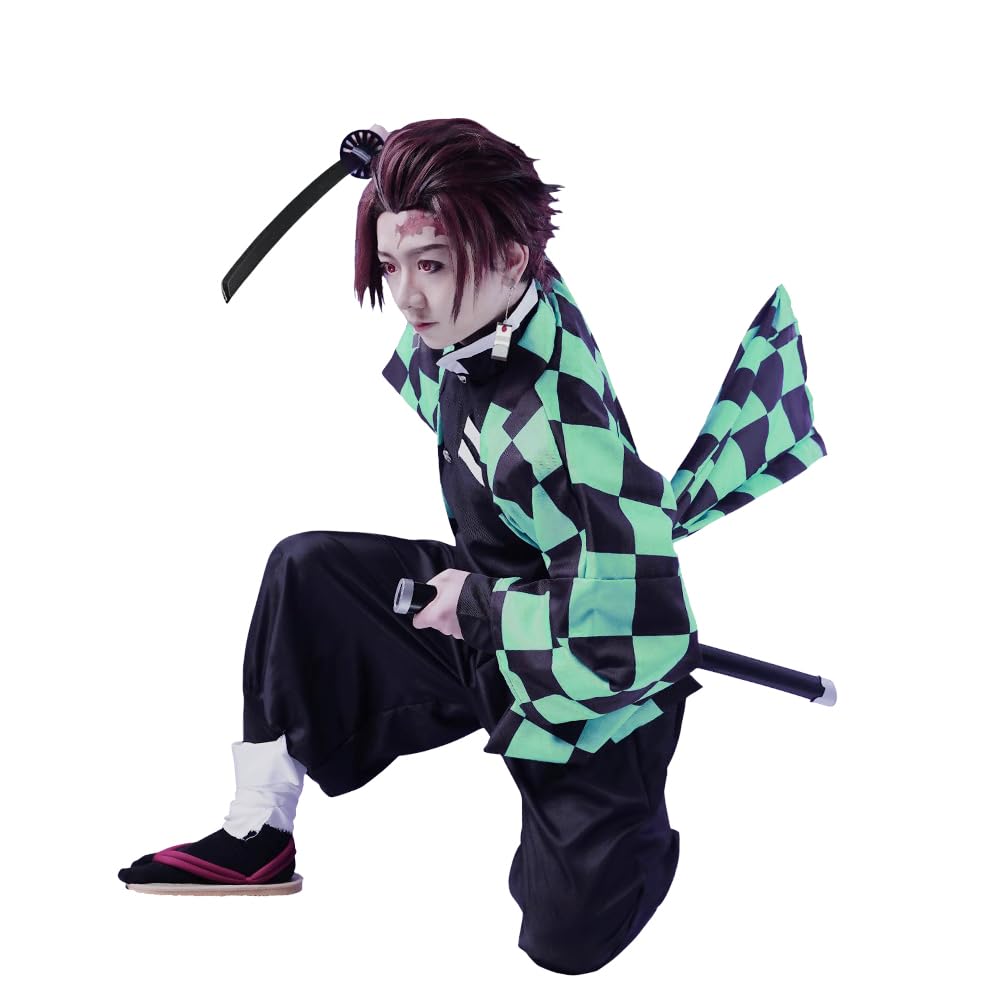 OURUEPY Full Set Men Anime Cosplay Costume For Tanjiro Party Role Costume Kimono Outfit Including Shoes Wig Sword