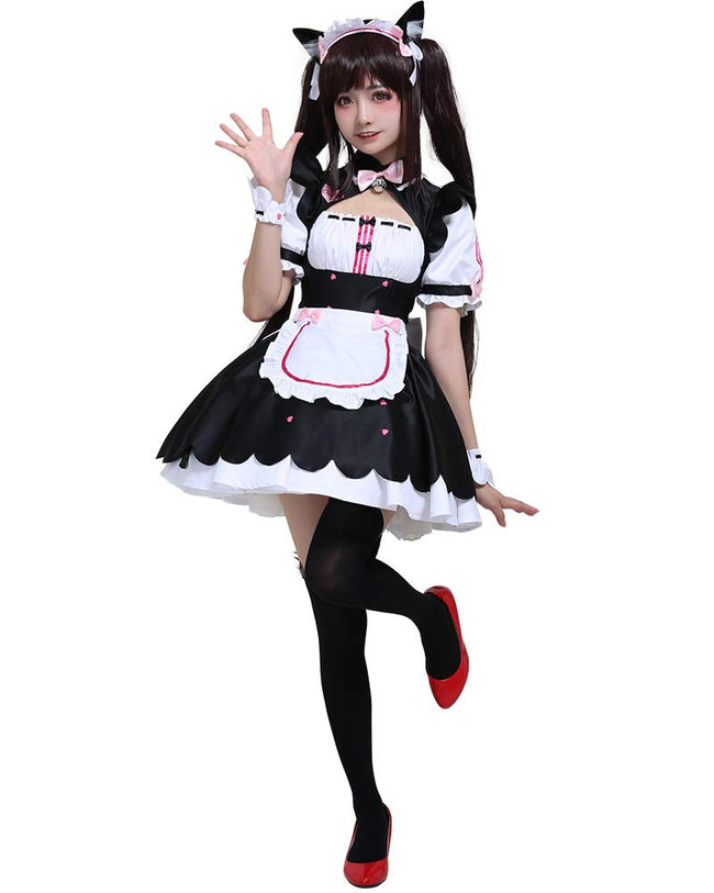 Cosplay.fm Women‘s Chocolate Cosplay Costume Maid Dress with Apron Petticoat Cat Ears Tail (XL, Black/White) Hover Image
