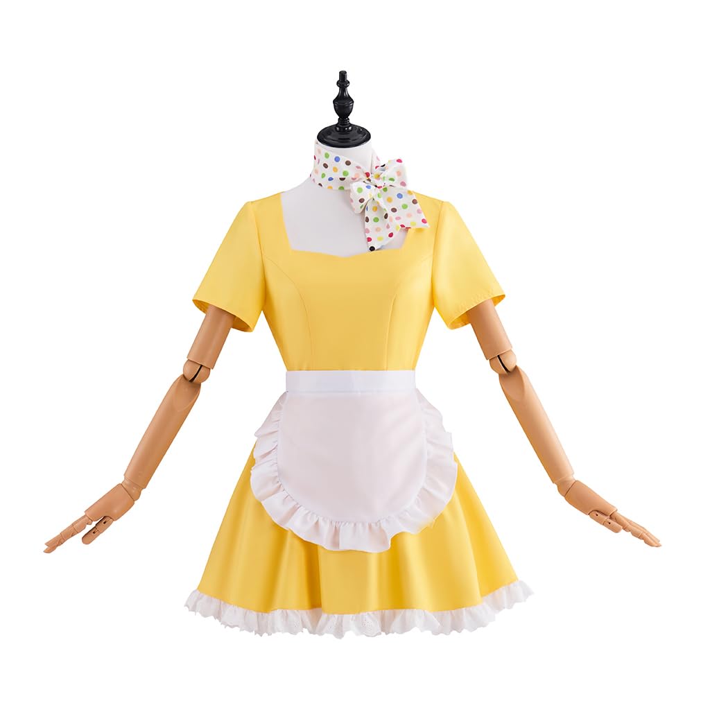 Musical Waitress Cosplay Costume Women Yellow Maid Dress Uniform with Apron Scarf Outfit (Yellow, Medium)