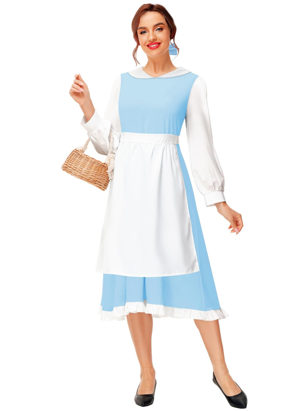 Womens Belle Dress Halloween Blue Princess Dresses Beauty Maid Clothes with White Apron S