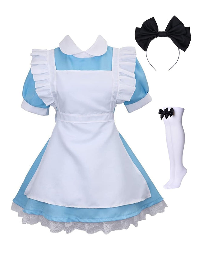 Colorful House Adult Anime Cosplay Outfit Women Blue Maid Costume Apron 4 Pcs Halloween Lolita Maid Dress Set(Medium, Blue) Hover Image