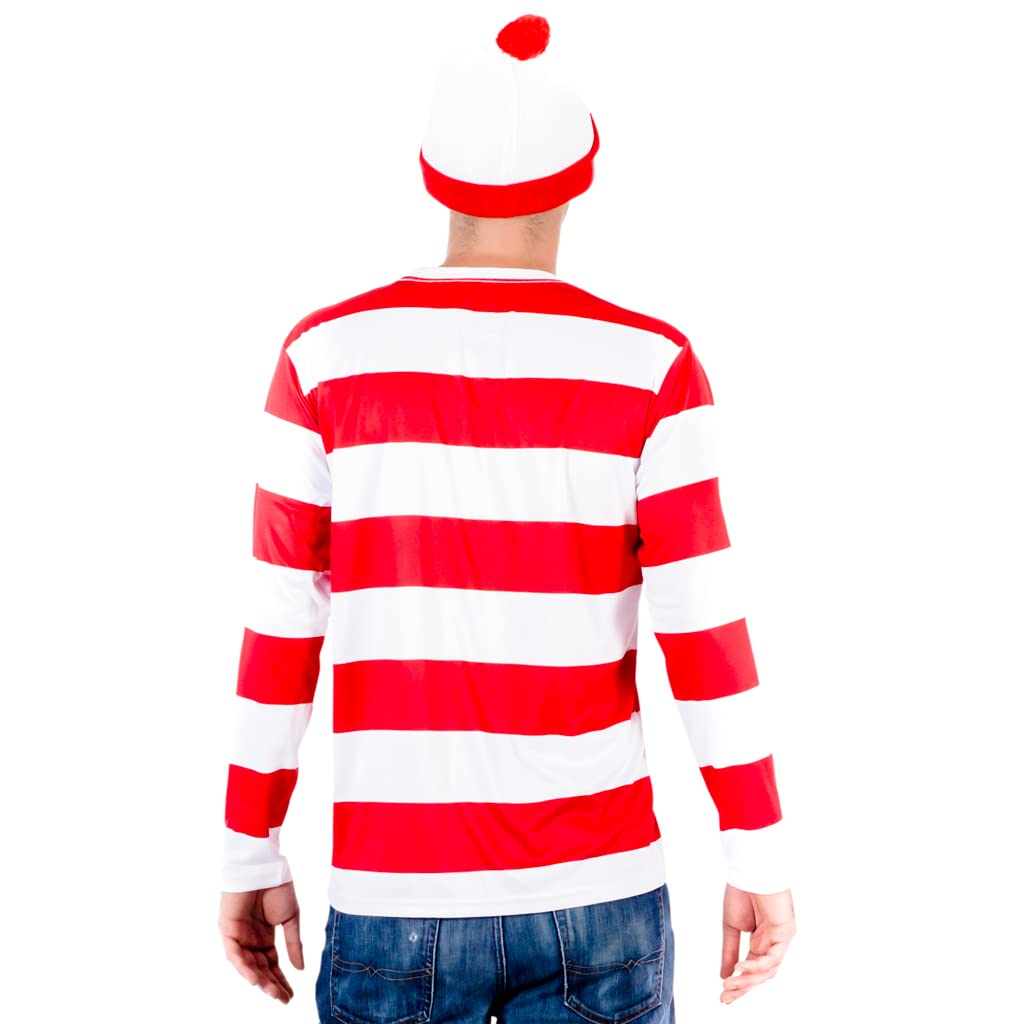 Where's Waldo Longe Sleeve Shirt, Glasses, and Hat DELUXE Cosplay Halloween Costume Set