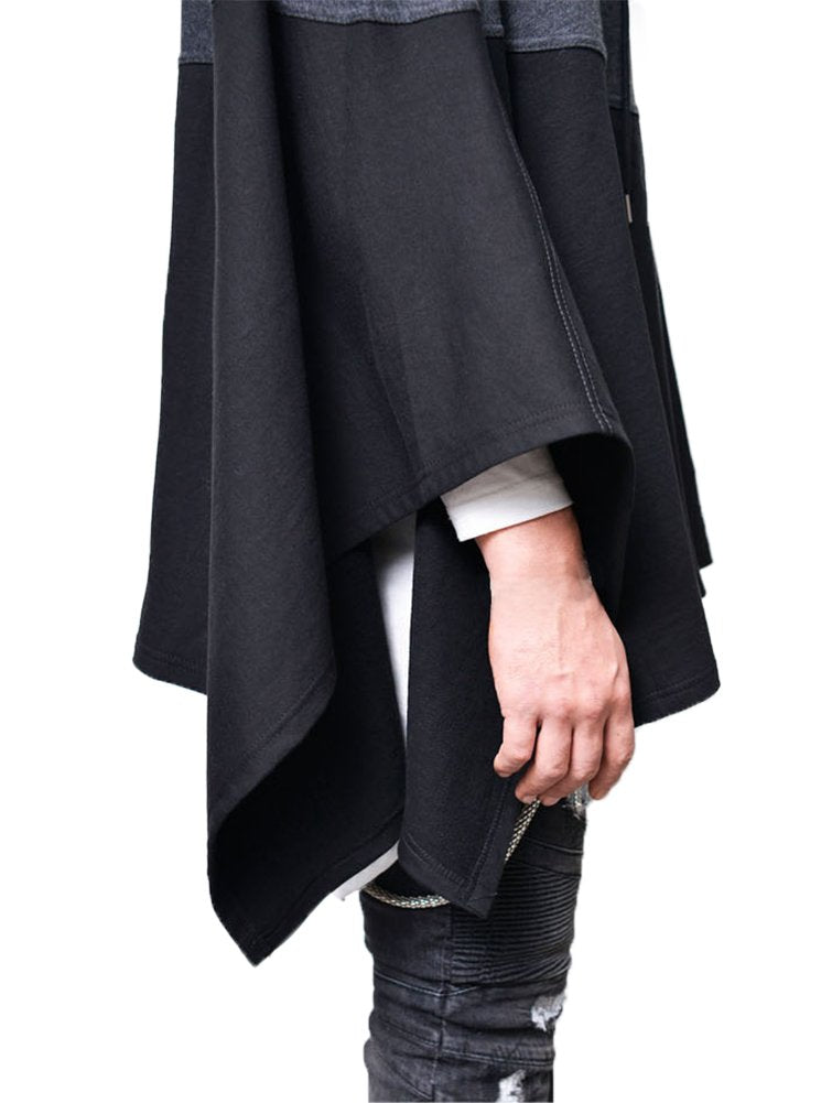 Demetory Men's Color Block Oversized Batwing Sleeves Hooded Poncho Cape Cloak Black Medium