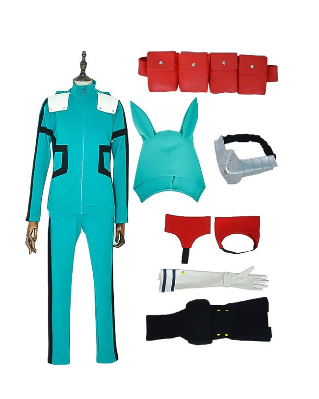 miccostumes Men's Costume Anime Hero Cosplay Green Fighting Suit Green Full-body Jumpsuit With red belt And Knee Pads (L) Main Image