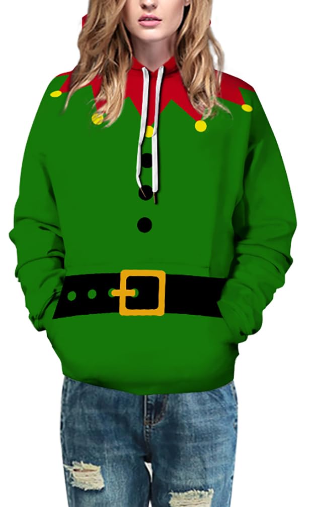 Ainuno Christmas Hoodie for Men Women,Mens Green Elf Costumes Funny Christmas Pullover Sweatshirt Elfs Print Hoodies Cosplay Hooded Sweater Unisex Long Sleeve Shirt,XL