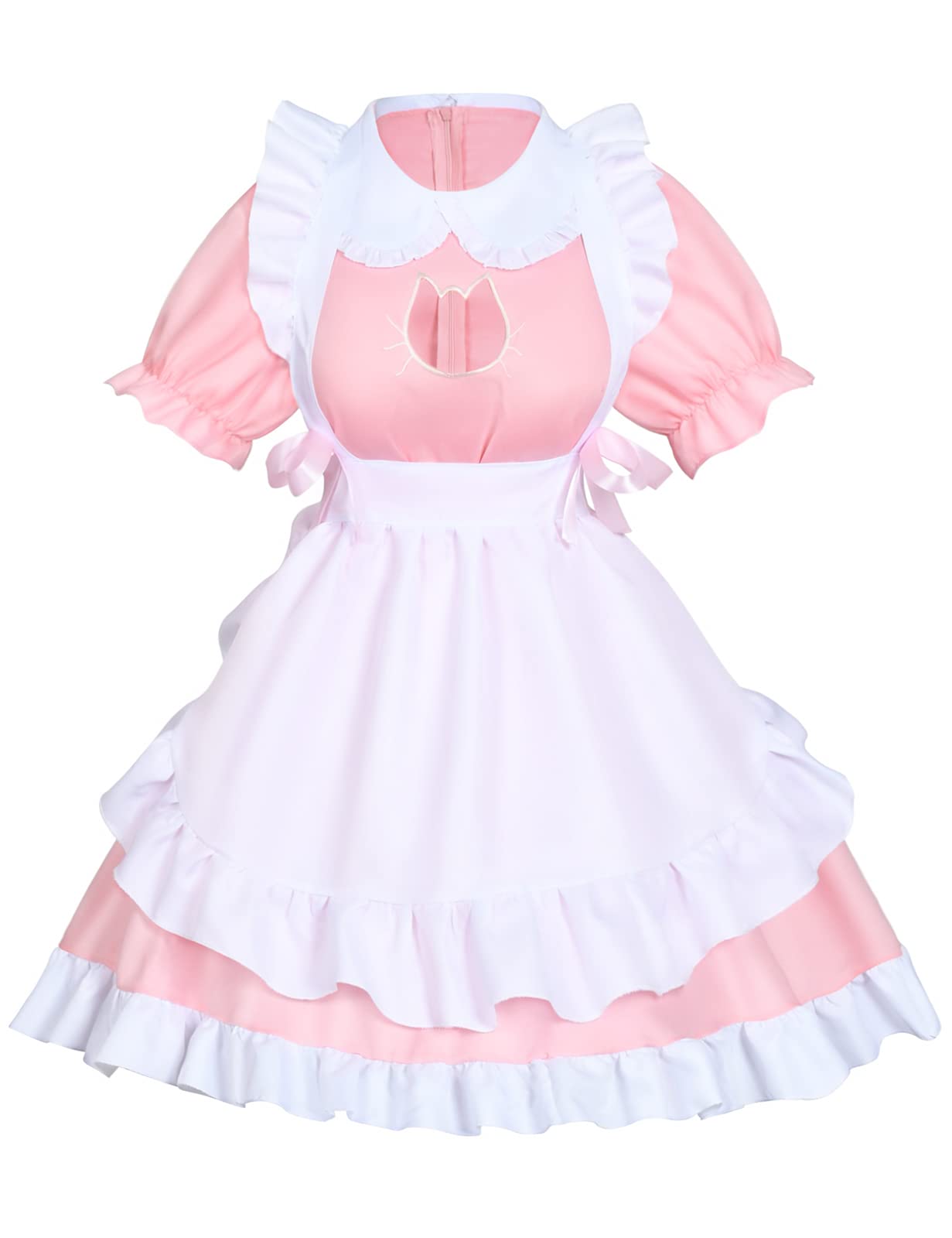 Anime French Cat Maid Apron Fancy Dress Cosplay Costume Headwear Gloves Socks Set(Pink L)