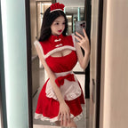 SNOMYRS Women's Maid Outfit Christmas Maid Costume with Plush Trim Apron Headpiece - Cute Cosplay Outfits Dress for Christmas Party