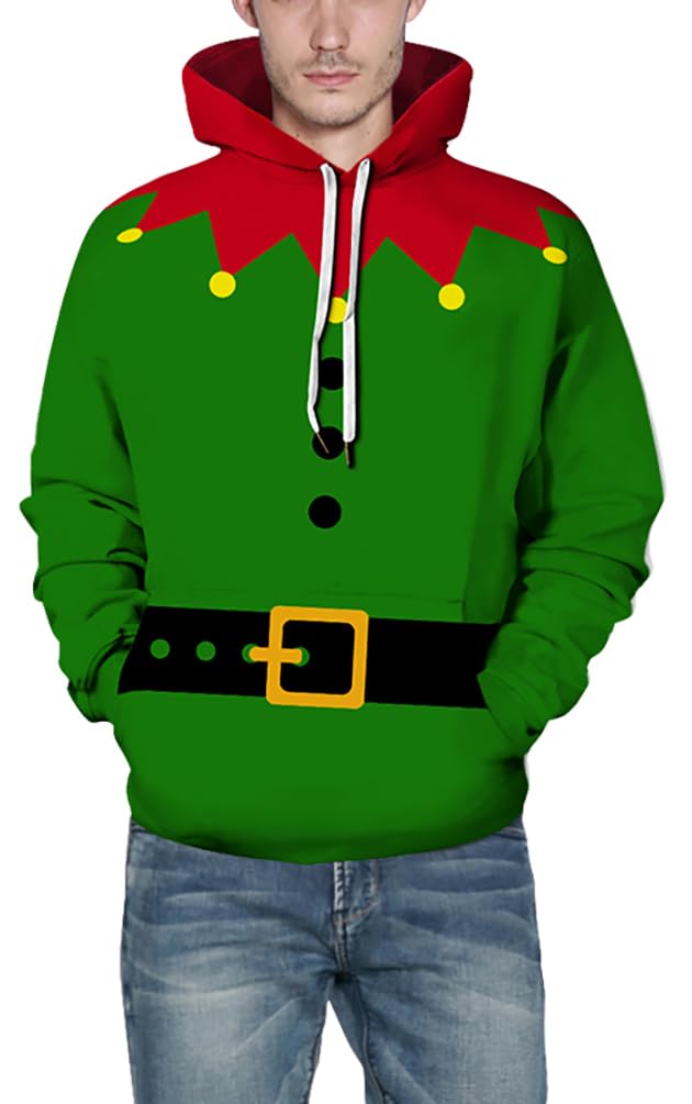 Ainuno Christmas Hoodie for Men Women,Mens Green Elf Costumes Funny Christmas Pullover Sweatshirt Elfs Print Hoodies Cosplay Hooded Sweater Unisex Long Sleeve Shirt,XL
