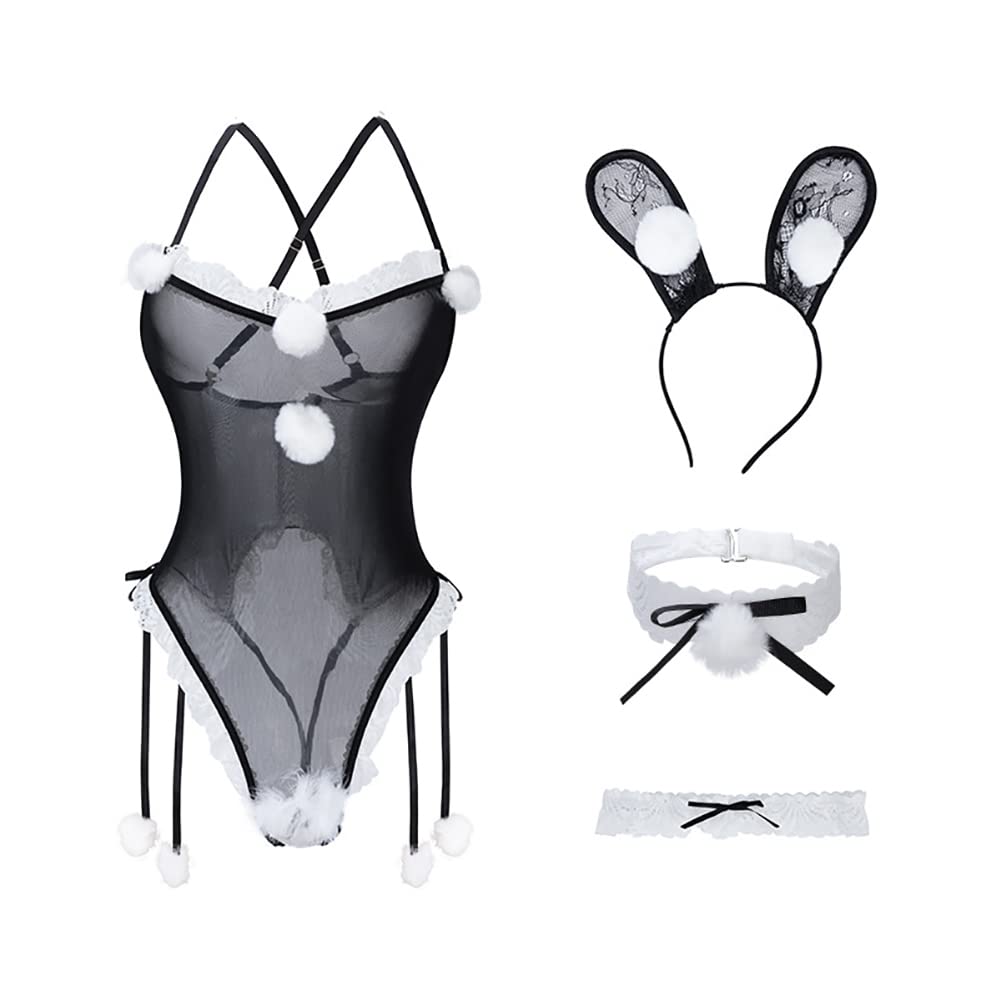 SNOMYRS Women's Sexy Bunny Roleplay Lingerie Perspective Mesh Plush Rabbit Set One Piece Bodysuit for Costume Cosplay Party