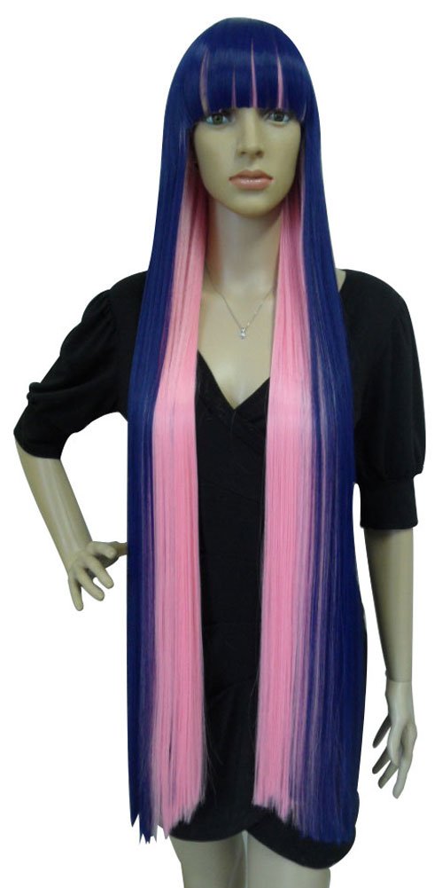 ANOGOL Hair Cap+ Blue Mix Pink Wig 105cm Long Straight Stocking Wigs for Girl with Bangs Costume for Women Synthetic Hair Wigs for Stocking Cosplay Halloween Wig Anime Party
